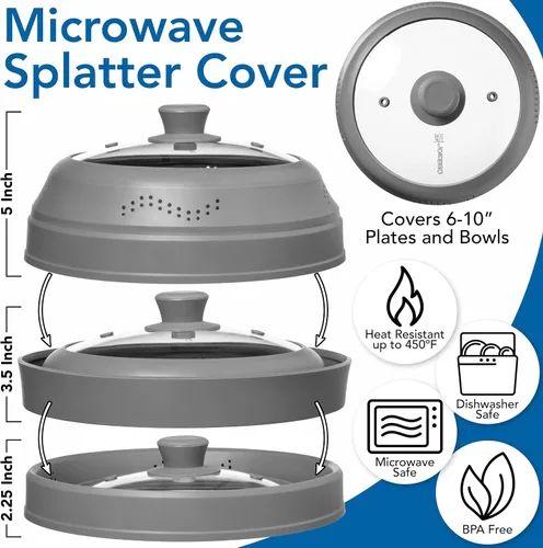 Miniatura 5 de Cubierta antisalpicaduras para microondas para alimentos - Cubierta de plato de vidrio de silicona, ventilada con perilla de agarre de silicona