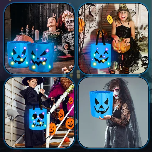 Miniatura 6 de Yaomiao 4 cubos de Halloween para trucos o golosinas para niños, bolsas de dulces de calabaza con luces LED, cestas de regalo reutilizables para Azul