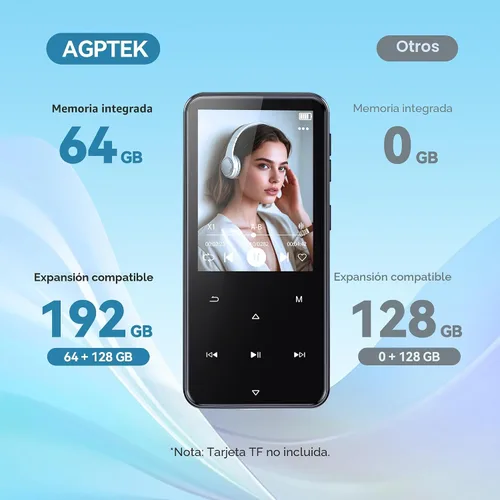 Miniatura 8 de AGPTEK Reproductor MP3 de 64 GB con Bluetooth, M3 Reproductor de música de 2.4 pulgadas con altavoz y radio FM, botones táctiles, soporta hasta 128