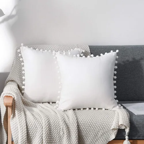 Juego de 2 fundas de almohada decorativas con bonito pompones, funda de cojín cuadrada suave para decoración del hogar para sofá, cama (blanco, 16 x
