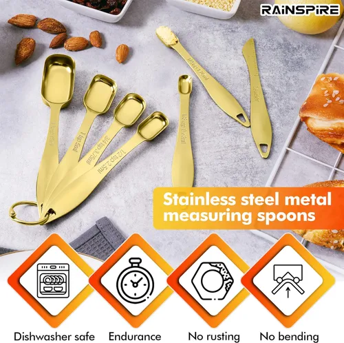 Miniatura 2 de Rainspire Juego de cucharas medidoras resistentes de acero inoxidable, juego de tazas y cucharas medidoras de metal para seco o líquido, cabe en Oro