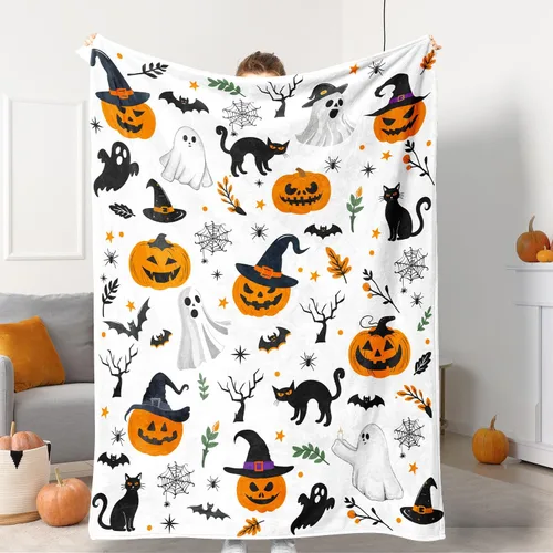 Miniatura 2 de Tupmnbry Manta de Halloween con estampado de calabaza, fantasma, gato, manta de franela súper suave, manta de cama ligera y esponjosa para cama
