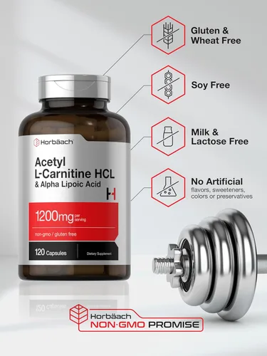 Miniatura 4 de Horbäach Acetil L carnitina HCL y ácido alfa lipoico 1200 mg 120 cápsulas Complejo ALC ALA Suplemento sin OMG y sin gluten