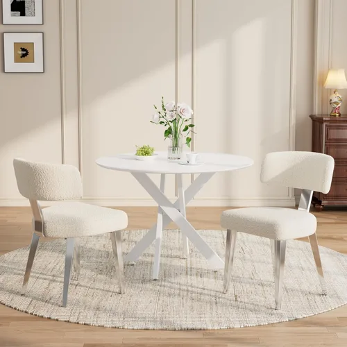 Miniatura 19 de Juego de mesa de comedor de madera para 2, mesa de cocina redonda de 36 pulgadas con 2 sillas de comedor Boucle, mesa de MDF con patas de metal