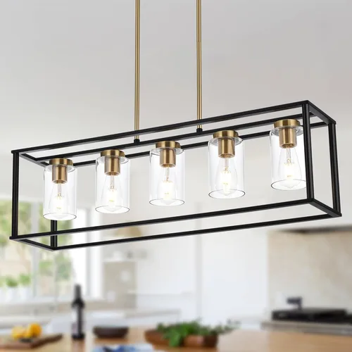 Miniatura 15 de Candelabro rústico de 1 luz con acabado dorado, moderno accesorio de iluminación colgante industrial con pantalla de vidrio transparente, lámpara