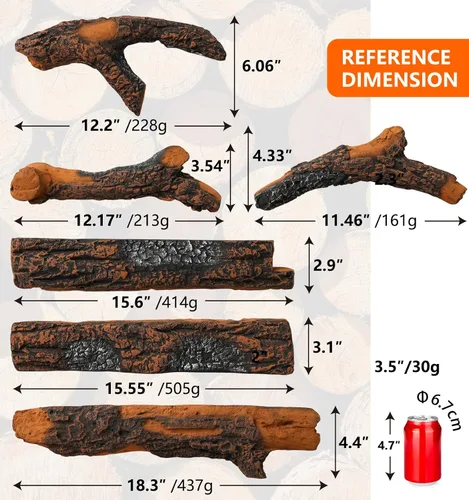 Miniatura 2 de Troncos de cerámica para chimeneas de gas, troncos realistas de 6 piezas para hogueras al aire libre, juego de madera falsa artificial