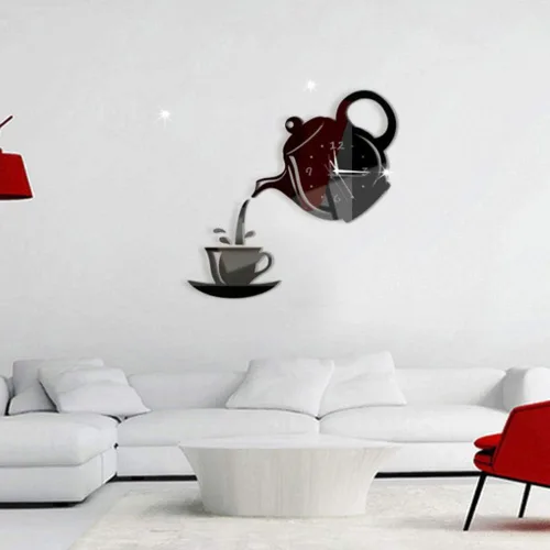 Miniatura 3 de Kit de reloj de pared sin marco, silencioso, sin tictac, grande, 3D, moderno, creativo, tetera, con espejo, calcomanías de número para sala