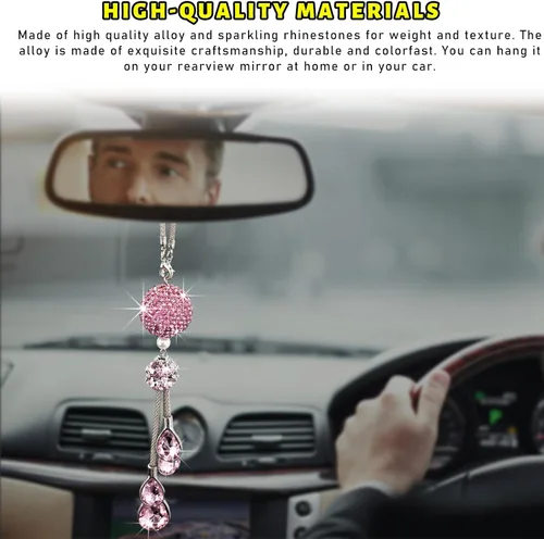 Miniatura 5 de Colgante brillante de bola y gotas para coche, adorno de espejo retrovisor de cristal para mujeres y niñas, accesorios universales brillantes