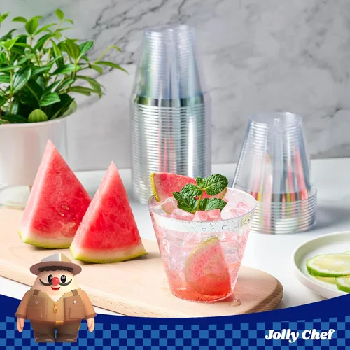 Miniatura 6 de JOLLY CHEF Paquete de 100 vasos de plástico plateado, vasos de plástico transparente de 9 onzas, elegantes vasos con borde plateado, vasos