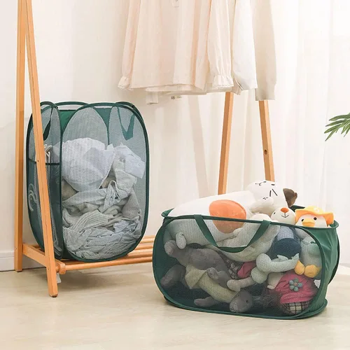 Miniatura 6 de 4 cestas de malla para ropa sucia, cesta de lavandería con apertura, cesta de lavandería desplegable con asas duraderas, cesta plegable de malla