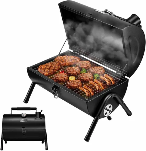 MAISON HUIS Barbacoa de carbón portátil ajustable, multifuncional, metálica, pequeña, para barbacoa, ahumador, para senderismo al aire libre (Negro)