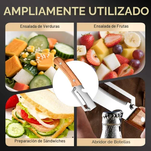 Miniatura 6 de Cuchillo pelador de frutas grueso multifuncional de acero inoxidable para cocina, hoja ultraafilada con mango de madera y abridor de botellas