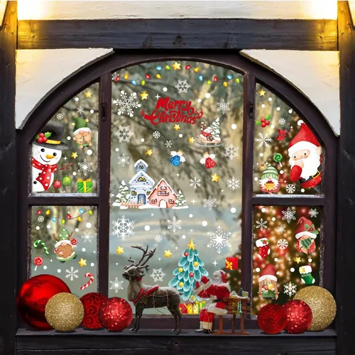 Miniatura 7 de AOWDIAO Decoraciones de Navidad, 210 unidades de adhesivos de ventana de Navidad para vidrio de doble cara, reutilizables, lindas calcomanías