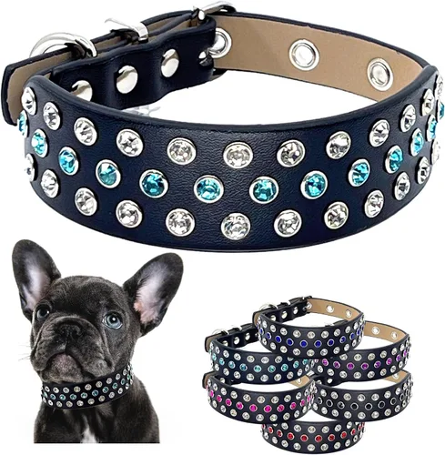 Collar de perro con diamantes de imitación con brillantes piedras aguamarina tachonadas en cuero ancho de microfibra negra, detalles de diseñador