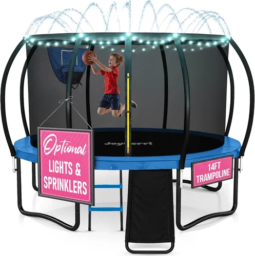 Trampolín para niños y adultos – Trampolín de 8 pies, 10 pies, 12 pies, 14 pies con red, con rociador adicional y luces LED, certificado ASTM,