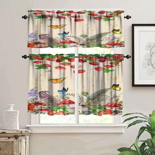 Miniatura 5 de Cortina de cocina de hongos, fresa con plantas verdes, flores silvestres, estrellas doradas, mariposa, dormitorio, comedor, cafetería, oficina, sala
