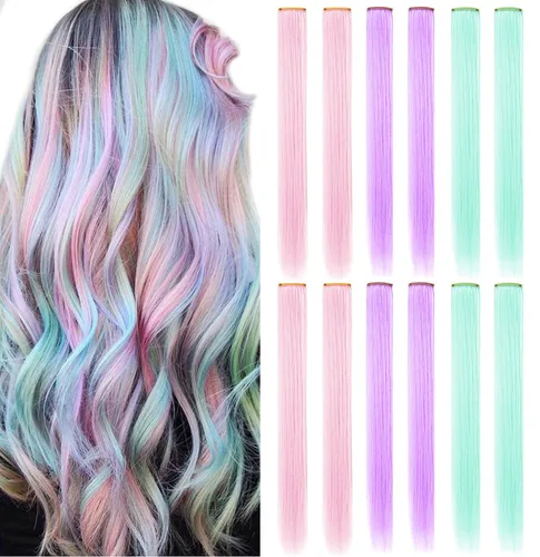 Miniatura 17 de 12 extensiones de cabello de colores rectas de 20 pulgadas, extensiones de cabello sintético con clip, color arcoíris, con reflejos, para fiesta