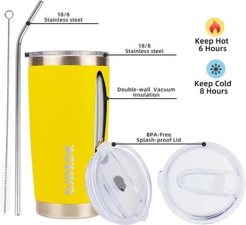 Miniatura 2 de BJPKPK Vaso aislado de 20 onzas con tapa y pajita, taza de café de acero inoxidable, color amarillo Dorado (Goldenrod)