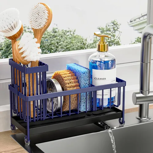 Miniatura 16 de Cisily Soporte de esponja negro extra grande para fregadero de cocina, organizador de fregadero con soporte alto para cepillos, organizadores