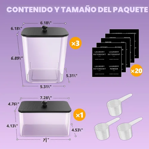 Miniatura 2 de Paquete de 4 recipientes para lavandería, contenedores transparentes esenciales para la organización de la lavandería, recipientes grandes de Negro
