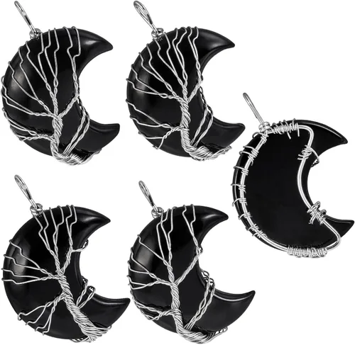 Miniatura 5 de TUMBEELLUWA 2 collares de árbol de la vida envueltos en alambre de cristal natural con piedra curativa de media luna para pareja