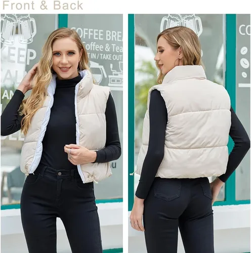 Miniatura 5 de Chaleco corto de invierno para mujer, ligero, reversible, cálido, chaleco acolchado, chaleco acolchado