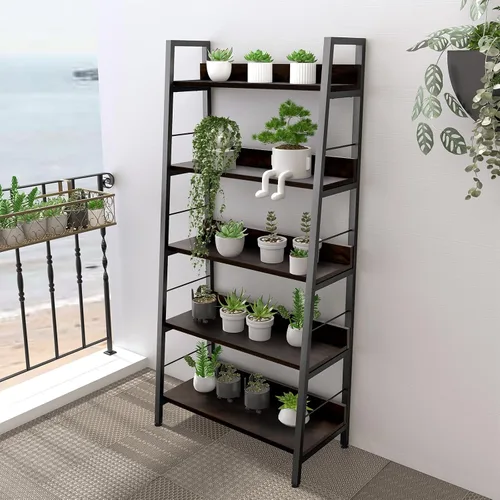 Miniatura 4 de Himimi Estantería de escalera industrial, estantería rústica de 5 niveles, estantería de escalera de metal de madera, soporte de flores para Nogal