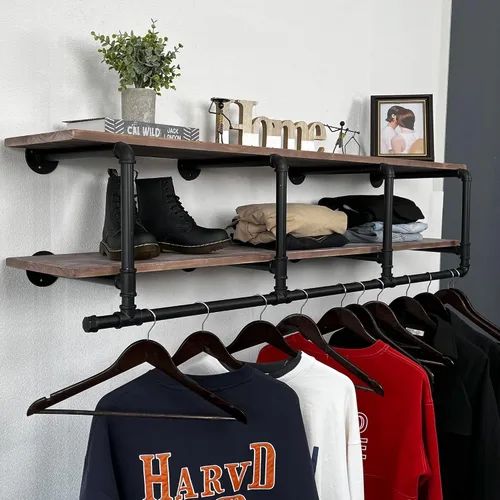 Miniatura 11 de Perchero para ropa de 72 pulgadas, para montar en la pared, con estante de madera real, perchero colgante resistente, barra para colgar multiusos