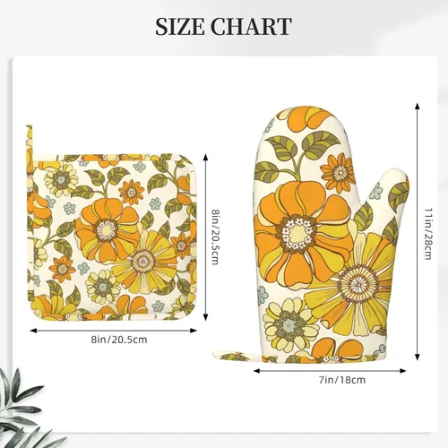 Miniatura 3 de Juego de guantes de horno y soportes para ollas con flores estilo retro de los años 70, guantes de cocina de silicona, resistentes al calor, 4 Flor