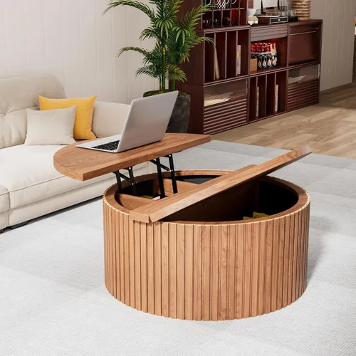 Miniatura 5 de Fsbecl Mesa de Centro de Tapa Elevable Acanalada con Almacenamiento Oculto, Mesa de Centro Redonda de 31.6 Pulgadas para Sala de Estar, Mesas Nogal