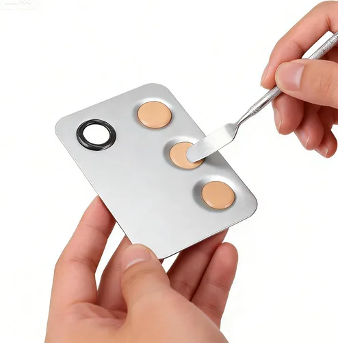 Miniatura 6 de SEUNMUK Paquete de 6 paletas de cosméticos de acero inoxidable de 6 x 4 pulgadas con espátula, paleta de maquillaje de 3 pocillos, bandeja de metal