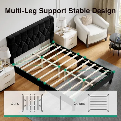 Miniatura 5 de Novilla - Base de cama Queen con cabecero, base de cama tamaño Queen con soporte de listones de madera, cabecero tapizado de terciopelo con puntos