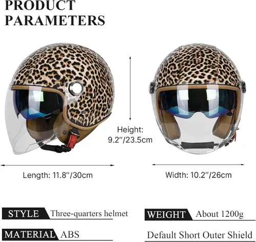 Miniatura 5 de Casco de motocicleta de cuero PU brillante vintage 3/4, con certificación DOT, con visor doble, casco de cara abierta, casco de media cara