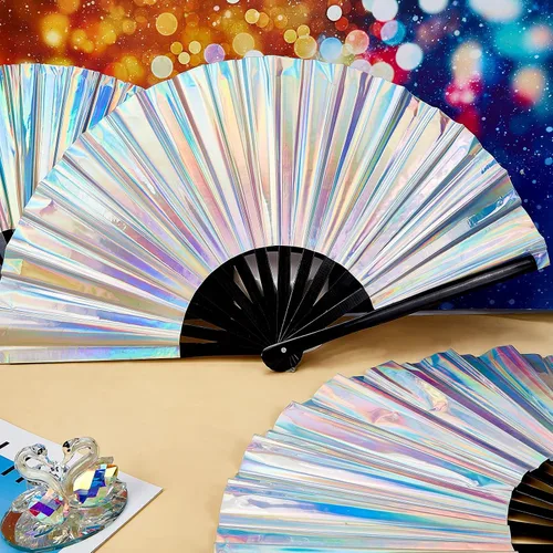 Miniatura 4 de 2 abanicos de mano plegables holográficos, grandes abanicos iridiscentes con varillas de bambú para hombres y mujeres, ventilador decorativo de mano