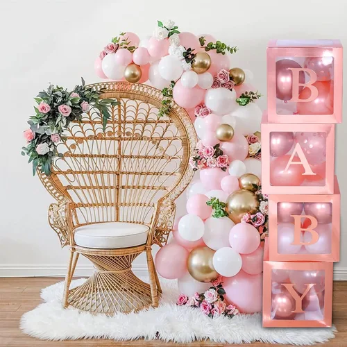 Miniatura 2 de 82 piezas de cajas de bebé de oro rosa con letras para decoraciones de baby shower, bloques de bebé transparentes jumbo para niña, caja de globos