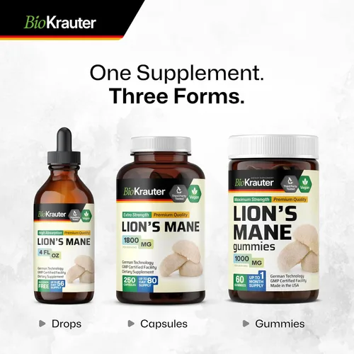 Miniatura 8 de BIO KRAUTER® Melena de Leones para el apoyo del enfoque y la salud cerebral, suplemento vegano de hongo de melena de león, claridad natural y apoyo