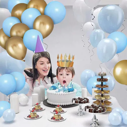 Miniatura 8 de Globos de látex azul dorado y blanco, paquete de 50 globos azul claro de 12 pulgadas, globos de helio para niños, baby shower, cumpleaños, despedida