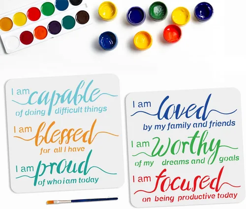MAYJOYDIY 2 plantillas inspiradoras de palabras motivacionales, 6 estilos de frase orgullosa, plantilla de palabras de 11.8 x 11.8 pulgadas con