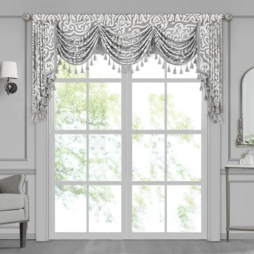 Miniatura 26 de Loom and Mill Cenefa de cascada de lujo de jacquard para sala de estar, elegantes cenefas de ventana con festones y cuentas damascadas, cortinas