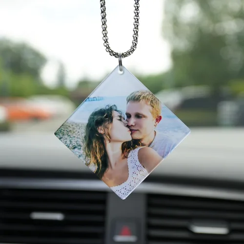 Miniatura 3 de Ornamento colgante personalizado para espejo retrovisor de coche con foto - Colgante de coche de acrílico personalizado con imagen (Rombo)
