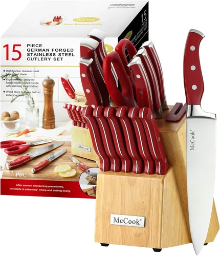 McCook® Juego de cuchillos de cocina de acero inoxidable con bloque de madera, tijeras de cocina y afilador integrado, rojo Color rojo/natural