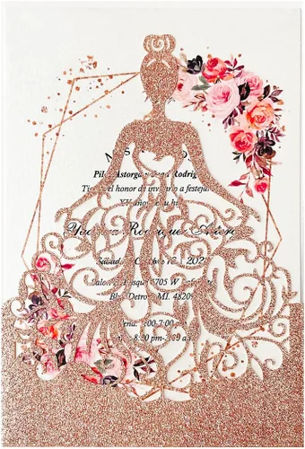 Miniatura 11 de 5.12 x 7.28 pulgadas, kit de 50 invitaciones de quinceañera con purpurina morada, cortadas con láser, huecas, de niña princesa, invitaciones
