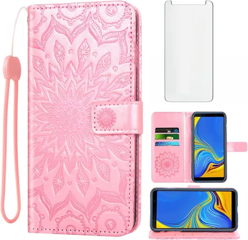 Funda de teléfono para Samsung Galaxy A7 2018 con protector de pantalla de vidrio templado, funda delgada con tapa para tarjetero, accesorios para