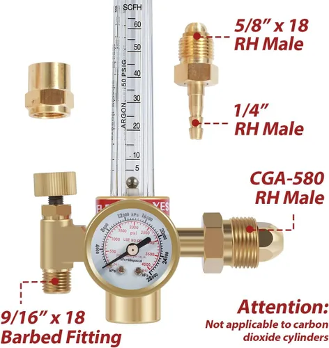 Miniatura 4 de HTP Argon CO2 Mig Tig Medidor de flujo 0-4000 PSI regulador de nitrógeno medidor de flujo 10-60CFH Regulador de argón ajustable Medidor de flujo