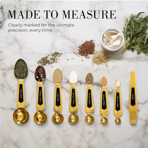 Miniatura 2 de Cucharas medidoras magnéticas doradas con nivelador, con 8 piezas de estilo mejorado, de doble cara, apilables, juego de cucharas medidoras doradas