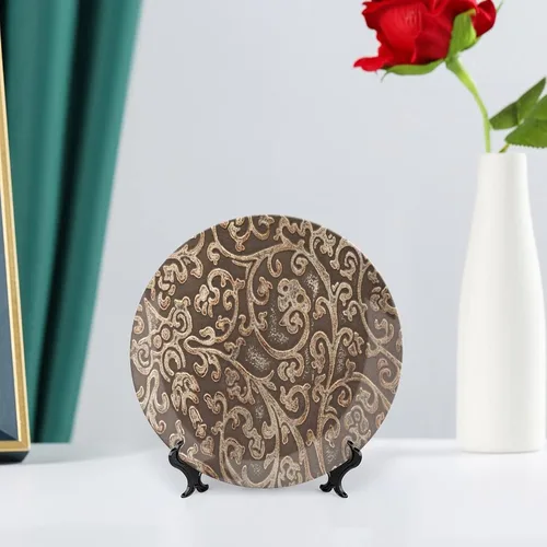 Miniatura 6 de XISUNYA Plato decorativo de 6 pulgadas, plato de cena retro, patrón floral de cuero, textura de fondo estampado de fondo de cerámica para colgar