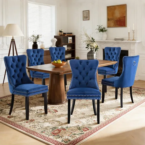 Miniatura 124 de Juego de 4 sillas de comedor de terciopelo, sillas de comedor tapizadas con ribete de cabeza de clavo y patas de madera maciza para cocina