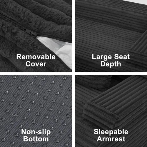 Miniatura 7 de Seccional modular: asiento de nube en forma de L con espuma viscoelástica, muebles de sala de estar convertibles de 3 asientos, diván de gran Negro