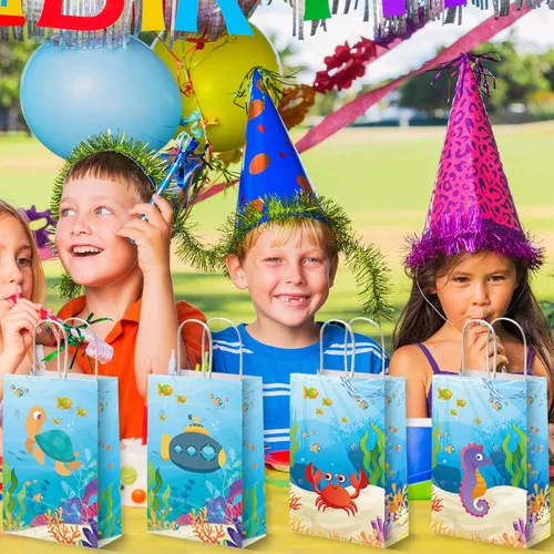 Miniatura 5 de Paquete de 12 bolsas de fiesta de animales marinos bajo el mar, bolsas de regalo para fiesta temática del océano, bolsas de golosinas para fiesta