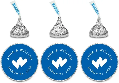 Miniatura 45 de Andaz Press Etiquetas personalizadas de gota de chocolate para boda, nombres y fecha redondos de novios, azul bebé, paquete de 240, personalizadas